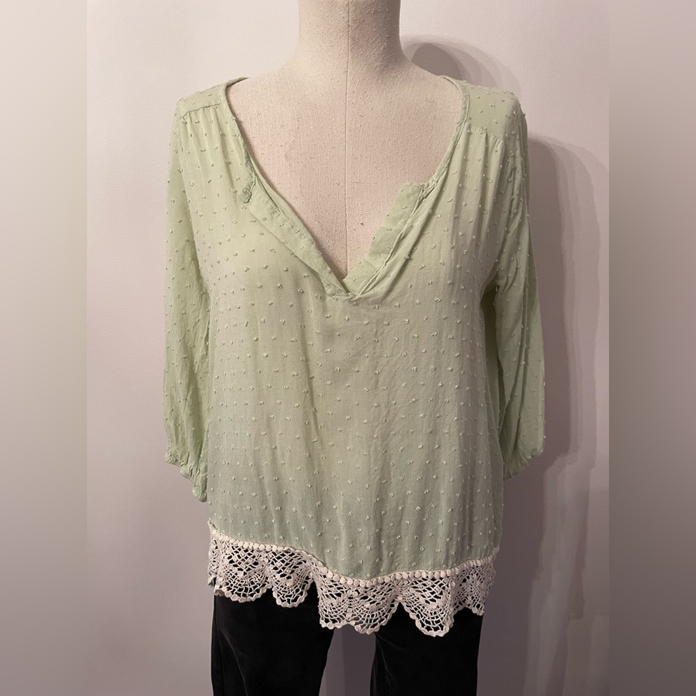 Francesca’s Pastel Green Dot and Lace Blouse